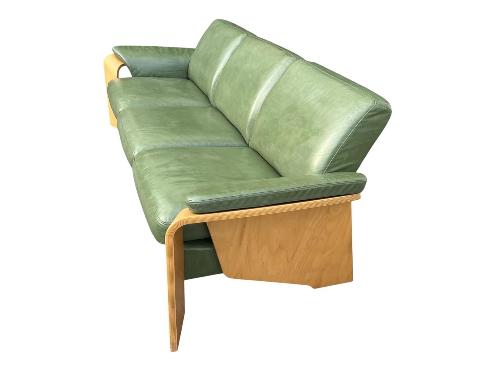 1960s Ekornes Scandinavian Modern Olive Green Leather Sofa With Sculptural Bentwood Frame - 16