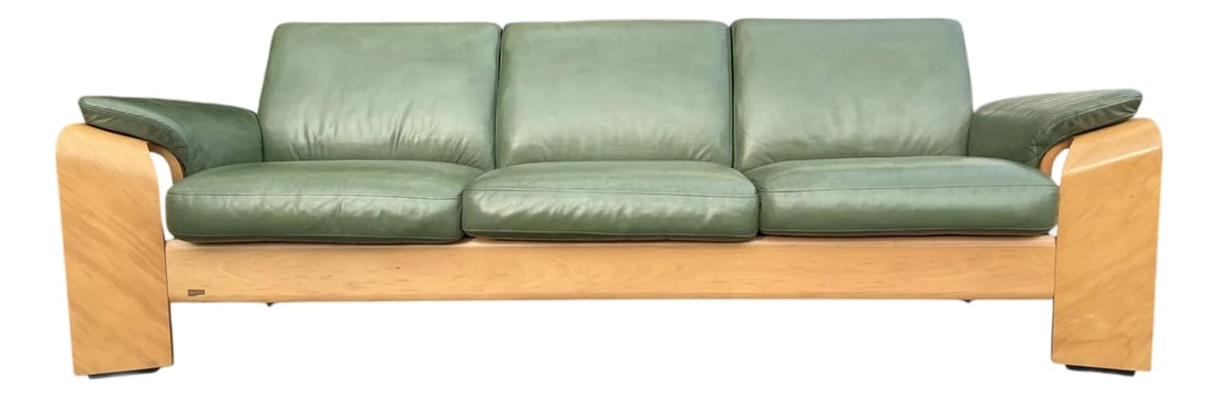1960s Ekornes Scandinavian Modern Olive Green Leather Sofa With Sculptural Bentwood Frame: This exceptional Ekornes sofa showcases the brand's signature Scandinavian craftsmanship paired with timeless mid-century modern design. The piece features a sculptural bentwood-style frame crafted