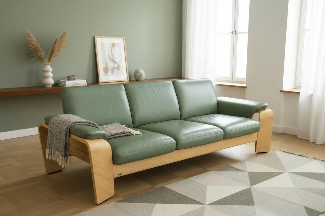 1960s Ekornes Scandinavian Modern Olive Green Leather Sofa With Sculptural Bentwood Frame - 2