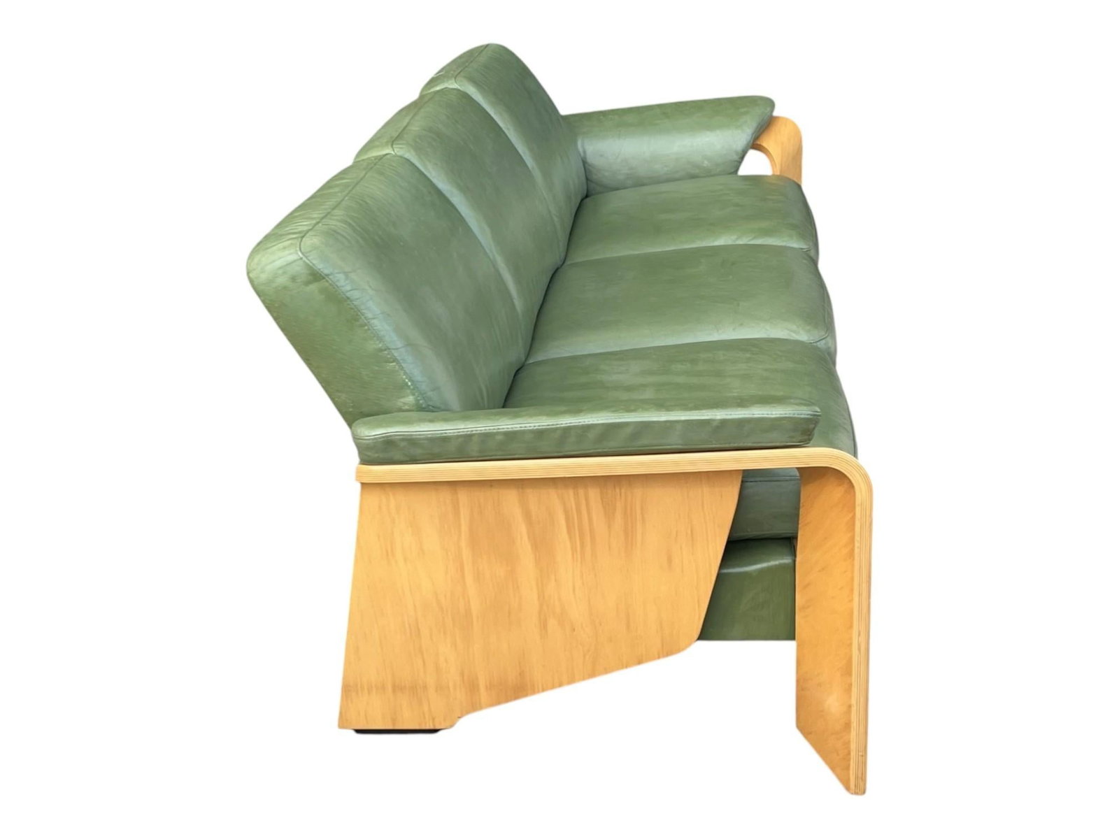 1960s Ekornes Scandinavian Modern Olive Green Leather Sofa With Sculptural Bentwood Frame - 6