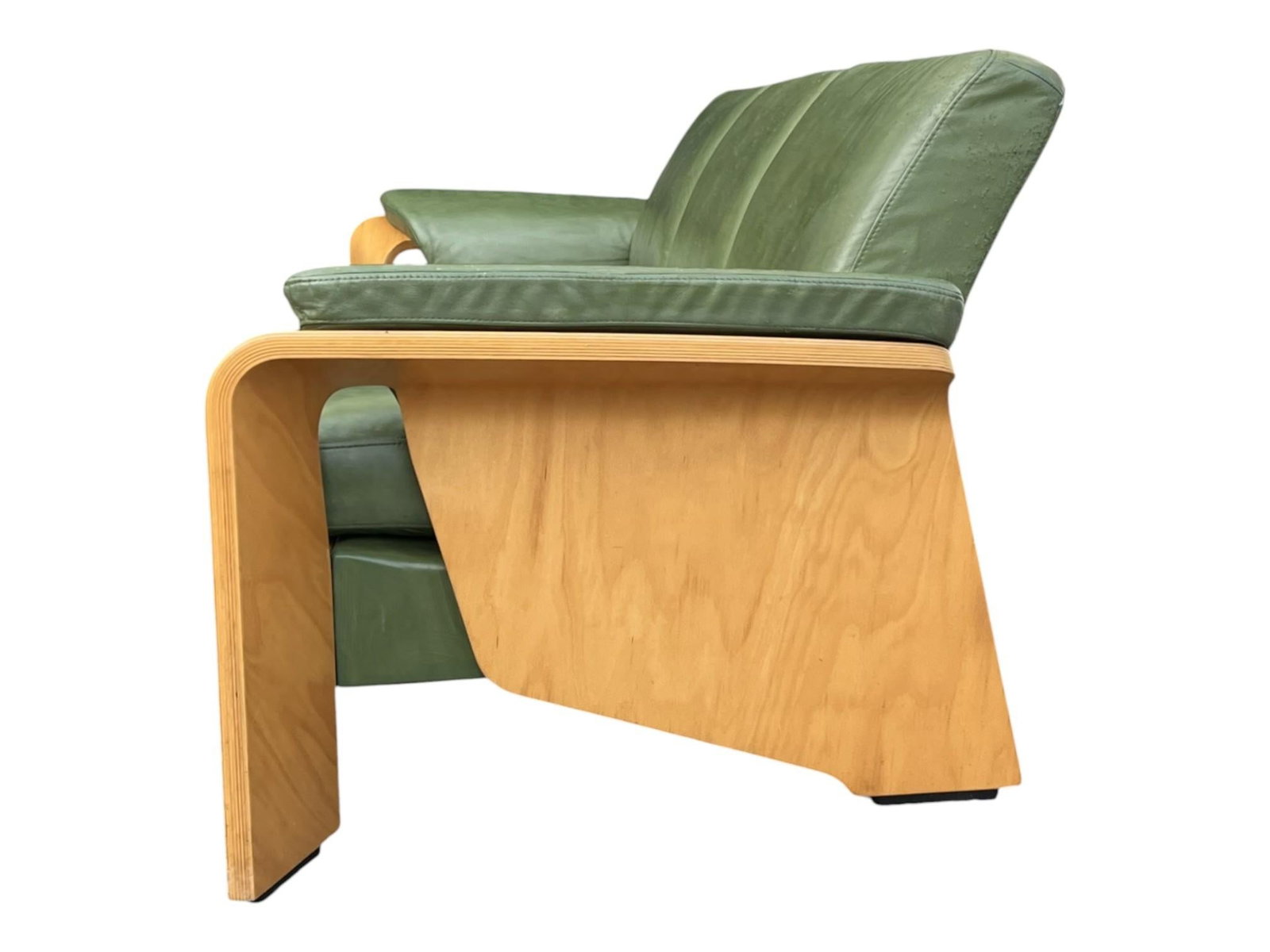 1960s Ekornes Scandinavian Modern Olive Green Leather Sofa With Sculptural Bentwood Frame - 8
