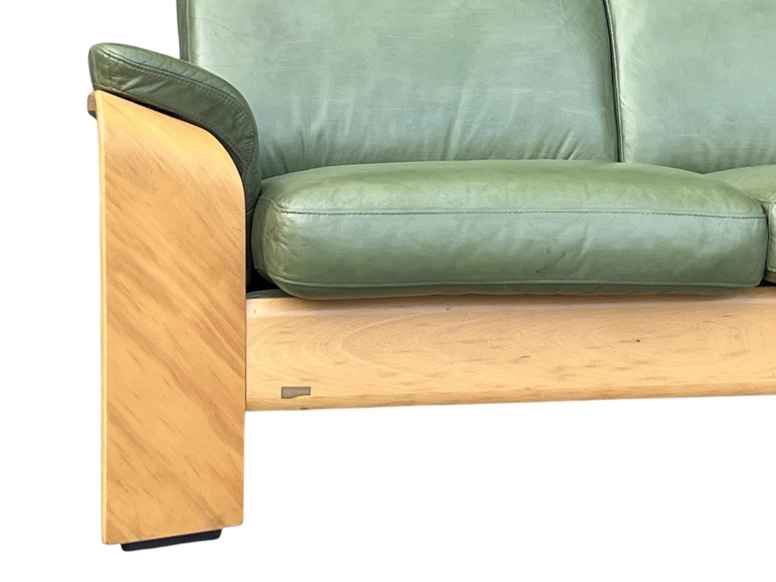1960s Ekornes Scandinavian Modern Olive Green Leather Sofa With Sculptural Bentwood Frame - 9