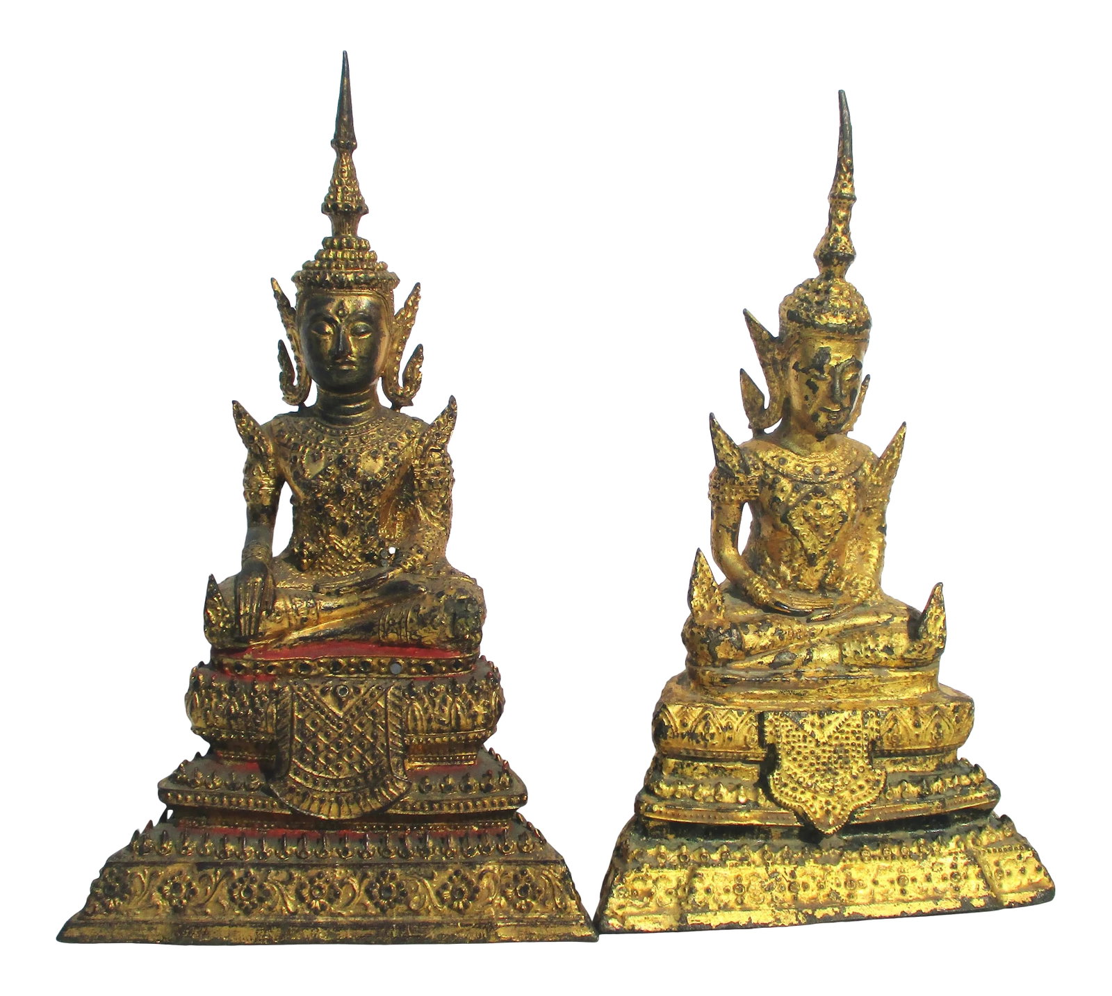 Thai Gilt Bronze Buddha-- 2 Vintage - a Pair: A vintage early 20th century Thai Bronze Buddha figures. A pair of similar size and form but completely different in detail. Both display the Thai use of heavily decorated and garnished surfaces.