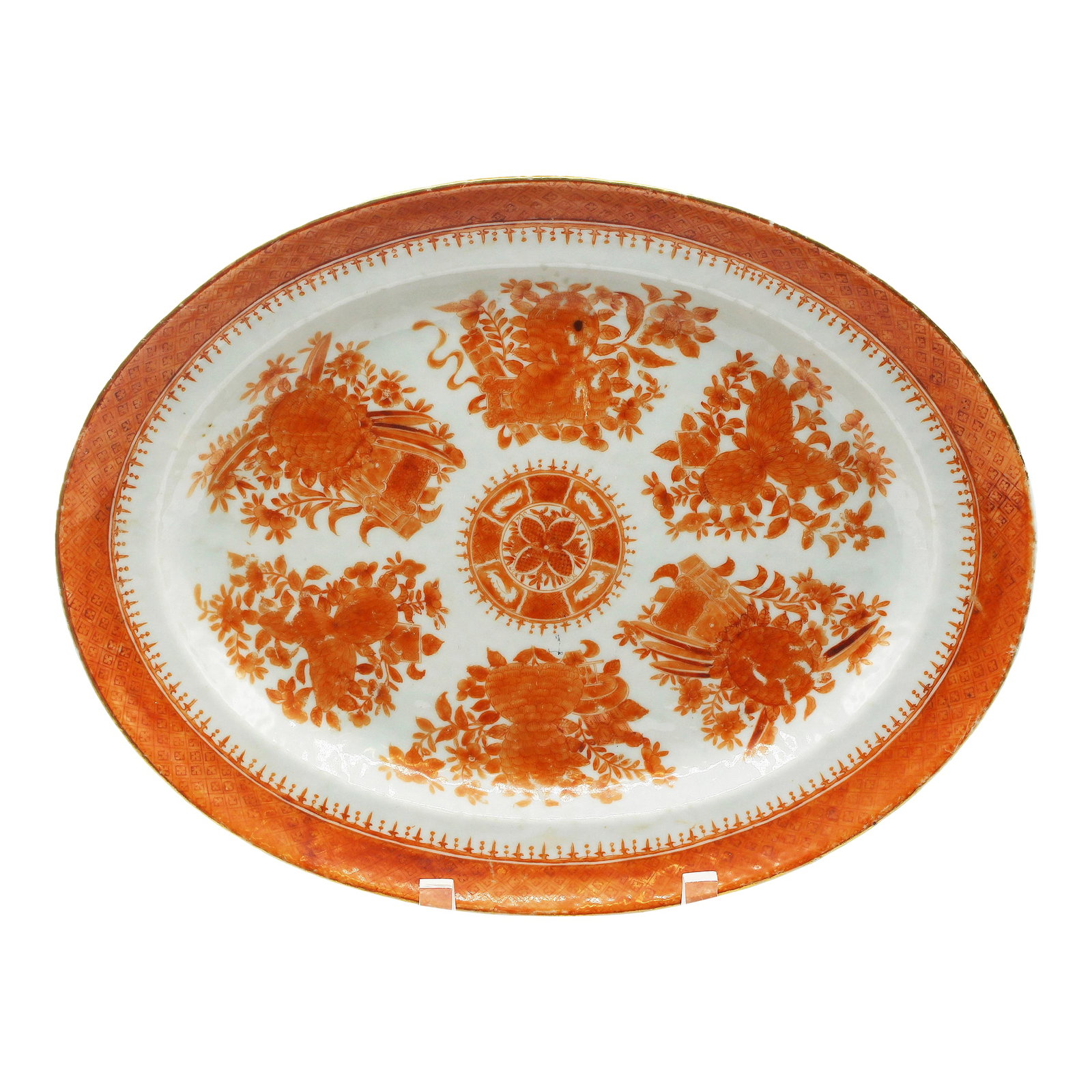 Circa 1830 Chinese Export Porcelain Orange Fitzhugh Platter: Circa 1830 Chinese Export Porcelain Orange Fitzhugh Platter. Gilt rim. Soft color range with a few dark iron red feathers. Minor gilt losses to rim. A popular pattern & color exported to many markets
