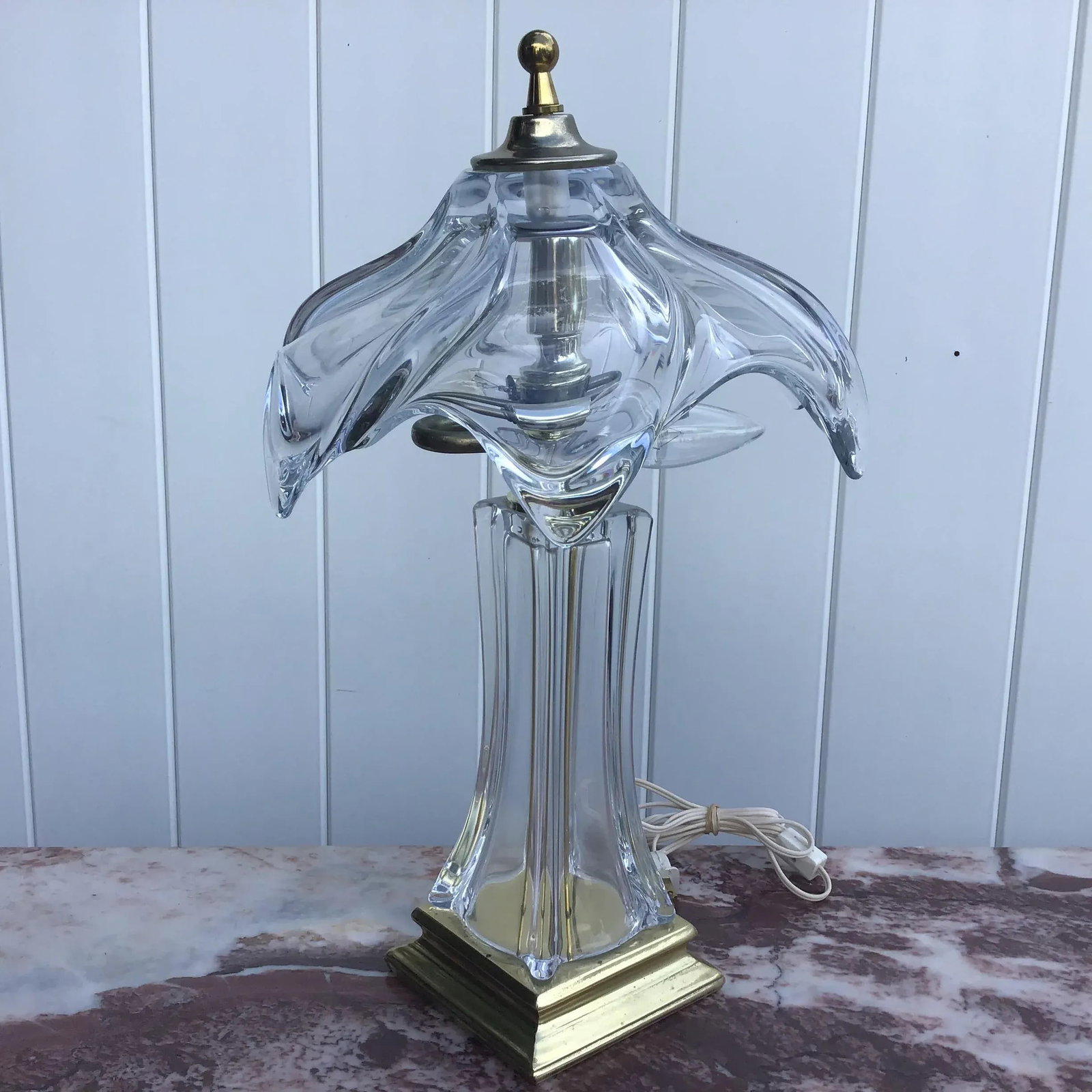 1970's Cofrac Art Verrier Hand Blown Heavy Crystal and Brass Table Lamp - 4