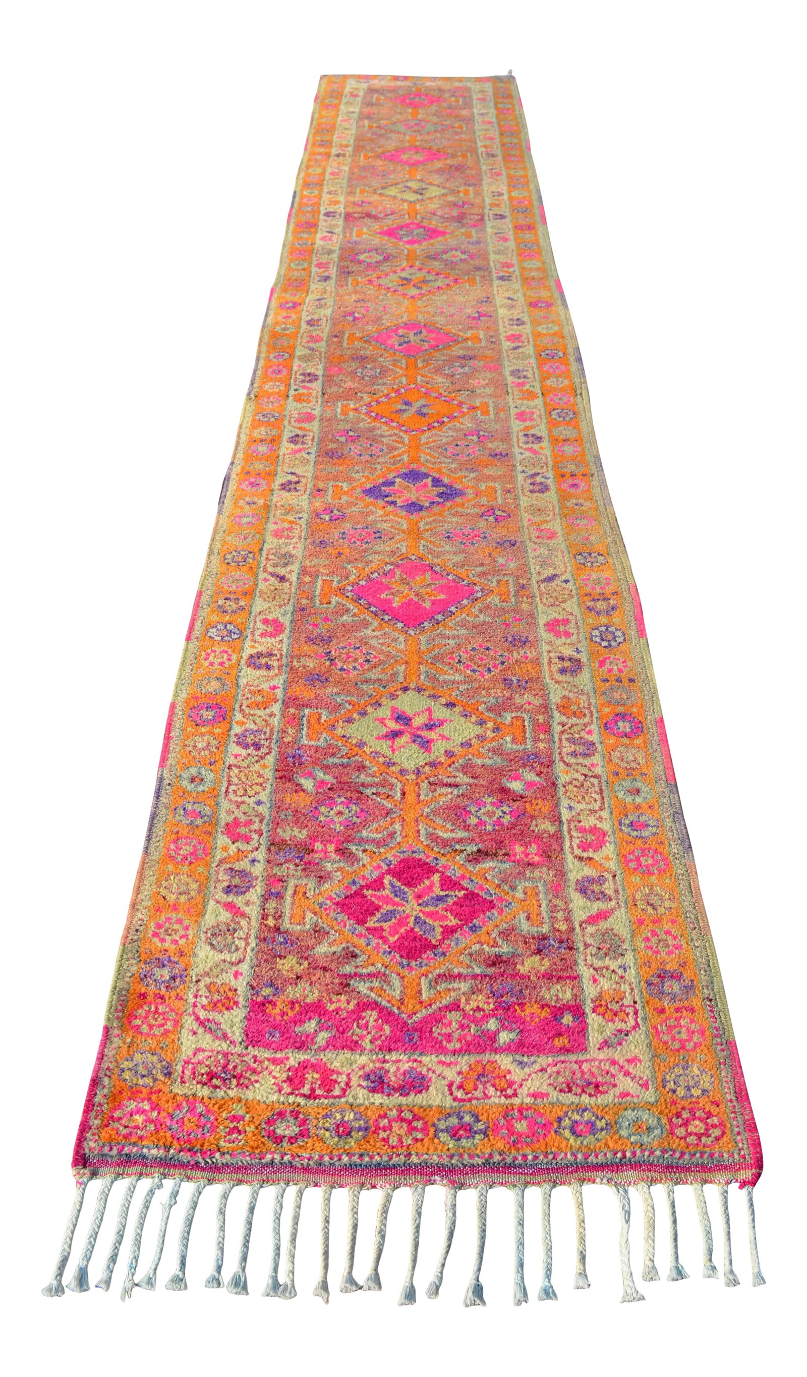 1960s Vintage Runner Rug Hand Knotted Kurdish Tribal Extra Long Runner 2"²11"³ ×: An exceptional mid-century statement piece, this hand-knotted wool runner rug originates from Southeastern Anatolia, woven during the 1960s. Originally crafted on a traditional village family loom for