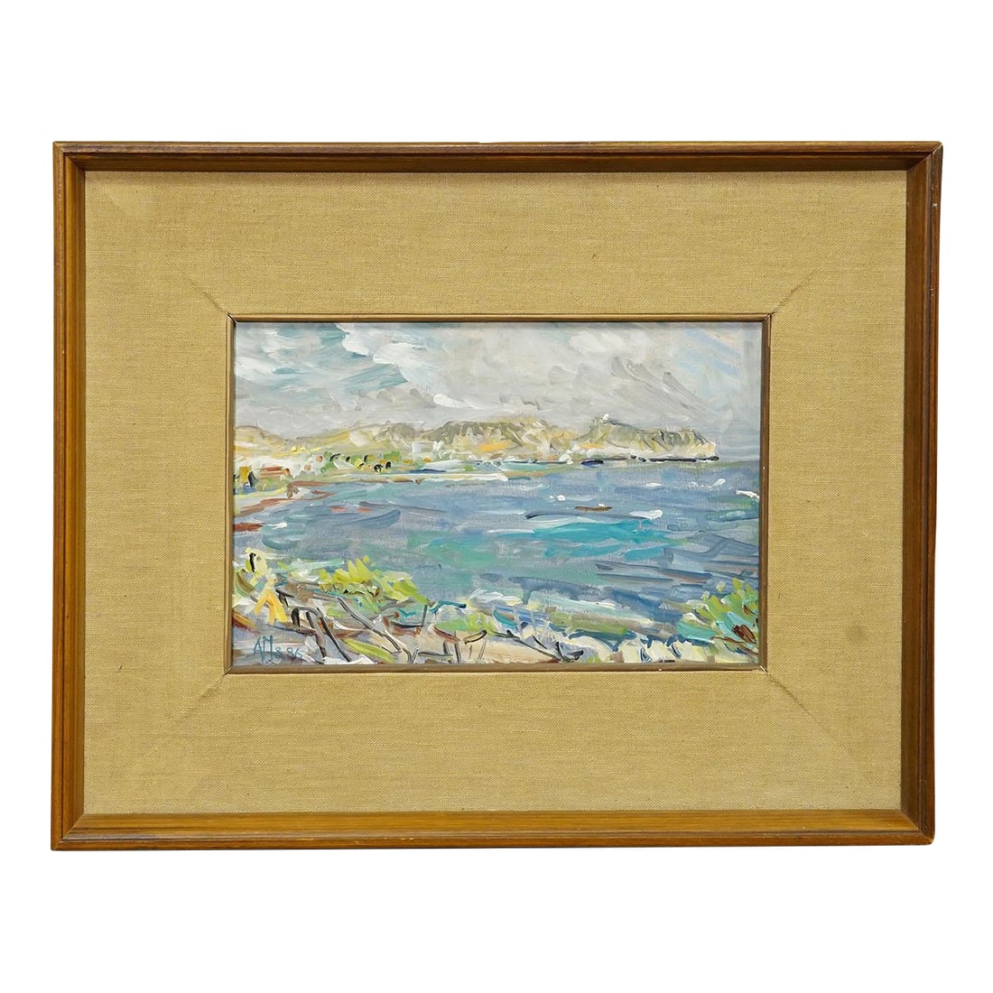 Alexander Michael Oil Painting of a Coastal Landscape in Moreira, Spain 1986: Alexander Michael Oil Painting of a Coastal Landscape in Moreira, Spain 1986 This expressive painting by Alexander Michael, a German artist, was created in 1986. It captures a vibrant coastal scene in