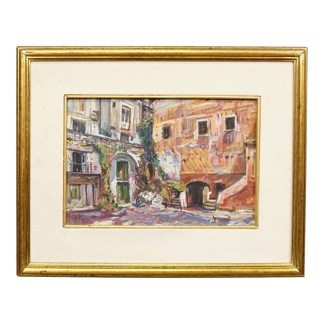 Alexander Michael Oil Painting of the Marketplace in S. Felice Circeo, 1983: Alexander Michael Oil Painting of the Marketplace in S. Felice Circeo, 1983 This charming original oil painting was created in 1983 by German artist Alexander Michael. It captures the sun-drenched