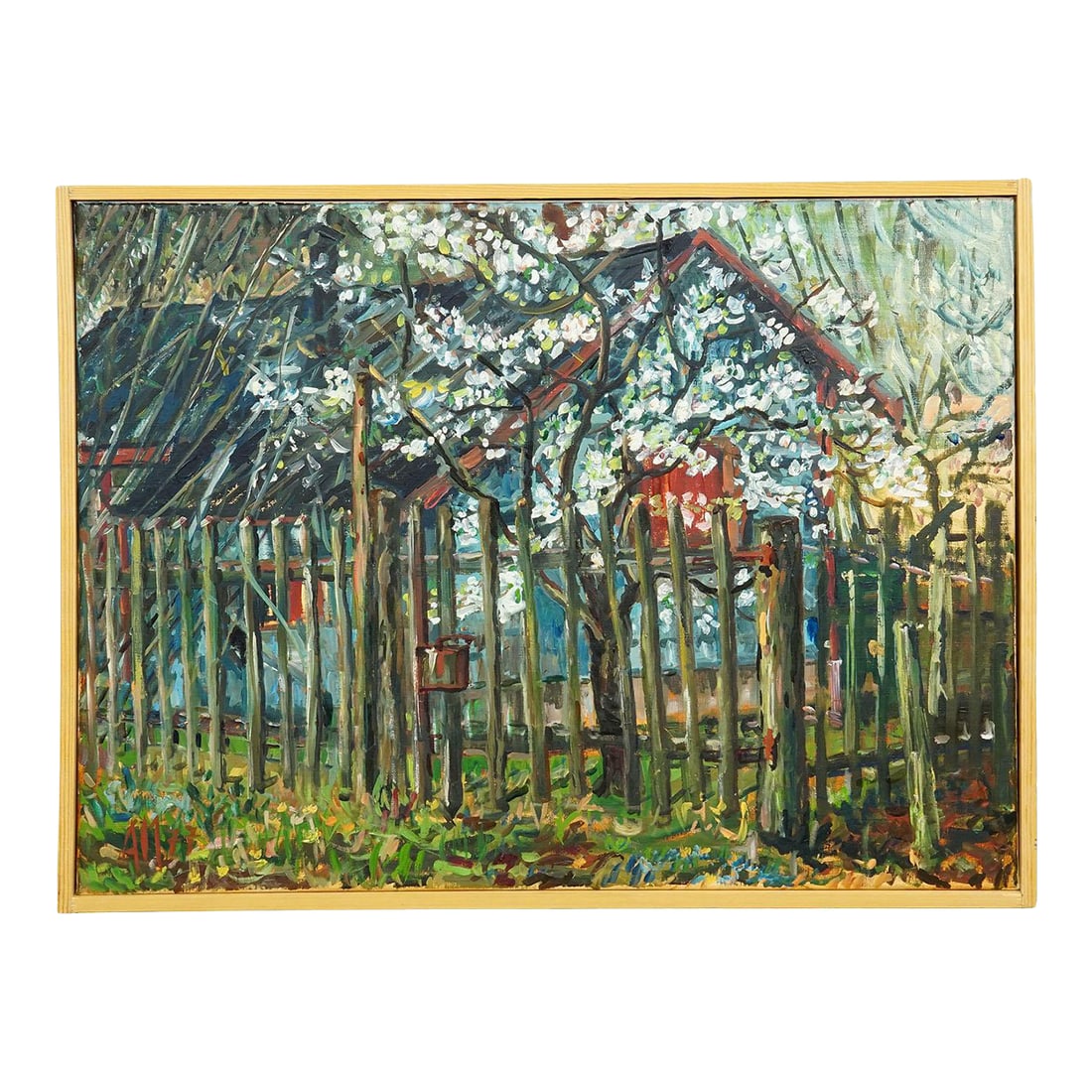 Cottage in Geilertshausen, 1977 – Oil Painting by Alexander Michael: Cottage in Geilertshausen, 1977 – Oil Painting by Alexander Michael This painting, titled 'Cottage in Geilertshausen' and dated 1977, captures the charm of a small countryside dwelling nestled b
