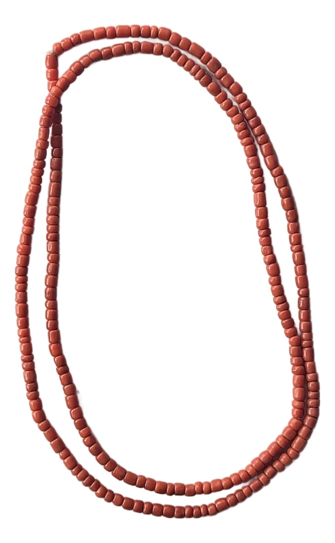 MId-Century 43" Coral Beaded Necklace, Elegant Simplicity: Antique 43" strand necklace without a clasp. The shapes are mainly "oval" alternating with round/ spherical to flat like beads. All are very natural especially the lack of uniformity in bead length. O