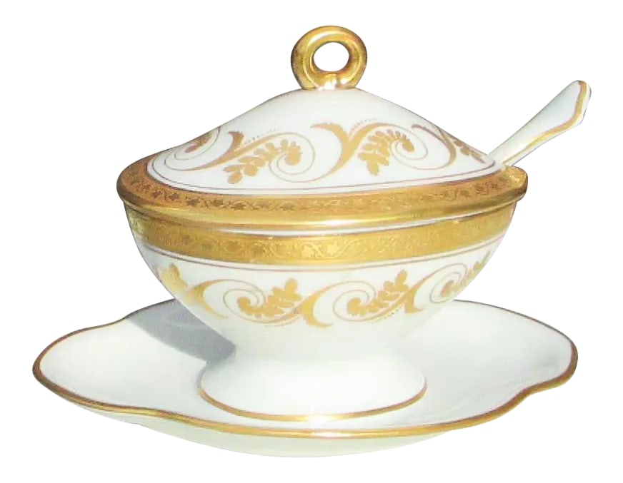Vintage Richard Ginori Italy Torino Gold Encrusted Mustard Pot: Richard Ginori Italy Rare TORINO Gold Encrusted mustard pot bowl with associated spoon and lid. Bowl and saucer are one-pieces, spoon, and lid removable. The size is 3.25" by 5", and 3.5" tall.