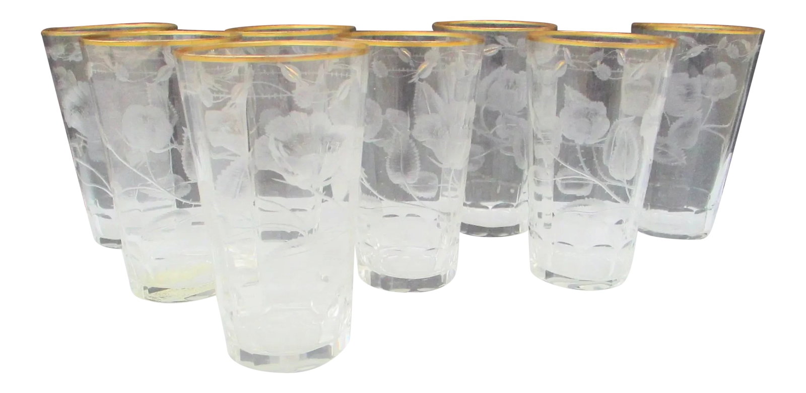 Antique Moser Paula Highball Glasses- Set of 8: Mouth-blown and hand-cut with 24 kt rim and details. "Paula" by Moser is encircled by a filigree band of gold leaves. Typical of Art Nouveau design, the style epoch from which the "Paula" design