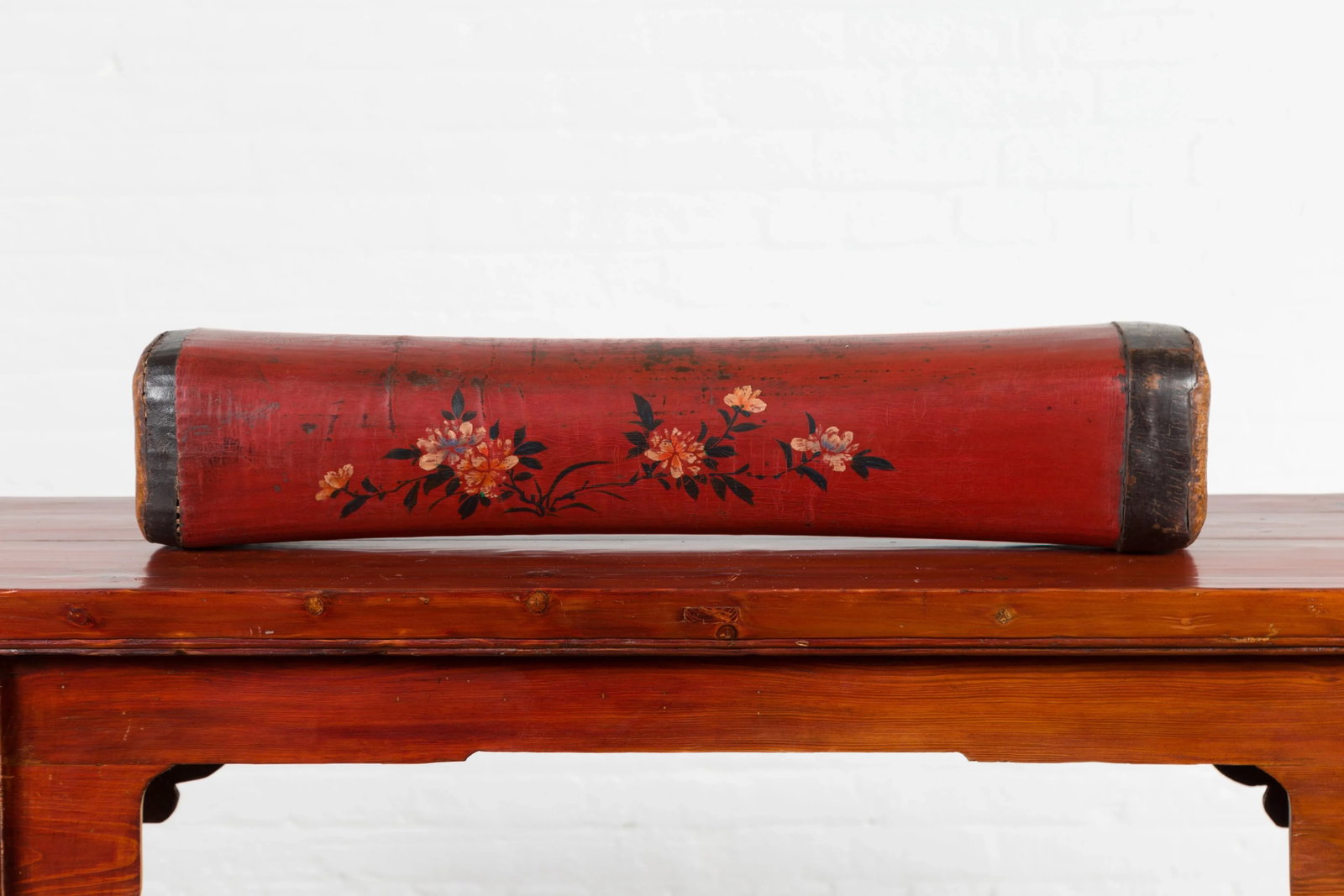 Chinese Qing Dynasty Cinnabar Lacquer Leather Pillow with Hand Painted Flowers - 10