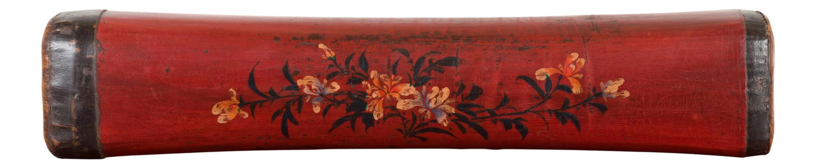 Chinese Qing Dynasty Cinnabar Lacquer Leather Pillow with Hand Painted Flowers: A Chinese Qing dynasty period cinnabar lacquer leather pillow from an antique opium bed, with hand painted floral motifs. Created in China during the Qing dynasty, this leather pillow features a