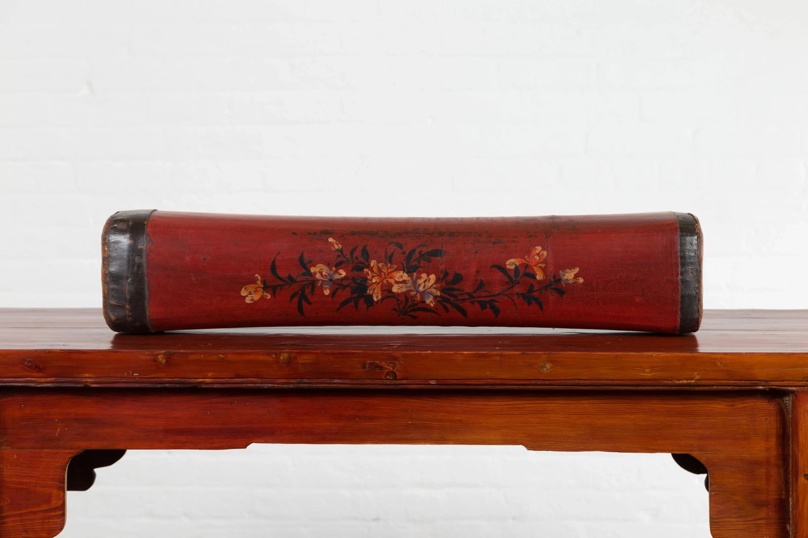 Chinese Qing Dynasty Cinnabar Lacquer Leather Pillow with Hand Painted Flowers - 3