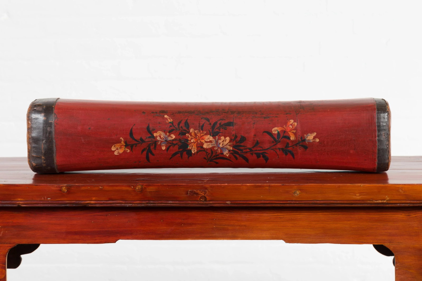 Chinese Qing Dynasty Cinnabar Lacquer Leather Pillow with Hand Painted Flowers - 4