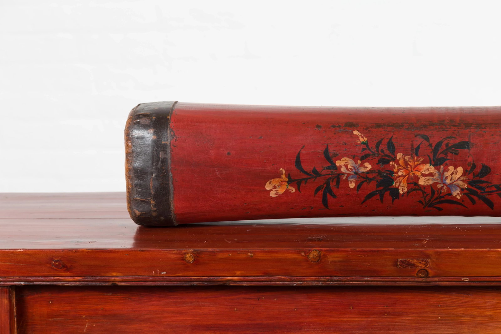 Chinese Qing Dynasty Cinnabar Lacquer Leather Pillow with Hand Painted Flowers - 5