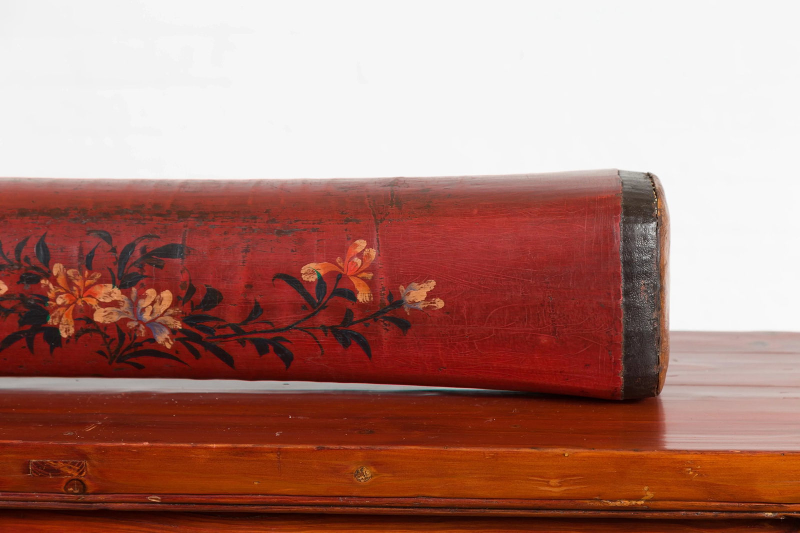 Chinese Qing Dynasty Cinnabar Lacquer Leather Pillow with Hand Painted Flowers - 7