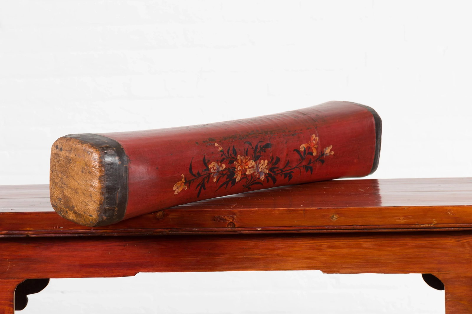Chinese Qing Dynasty Cinnabar Lacquer Leather Pillow with Hand Painted Flowers - 8