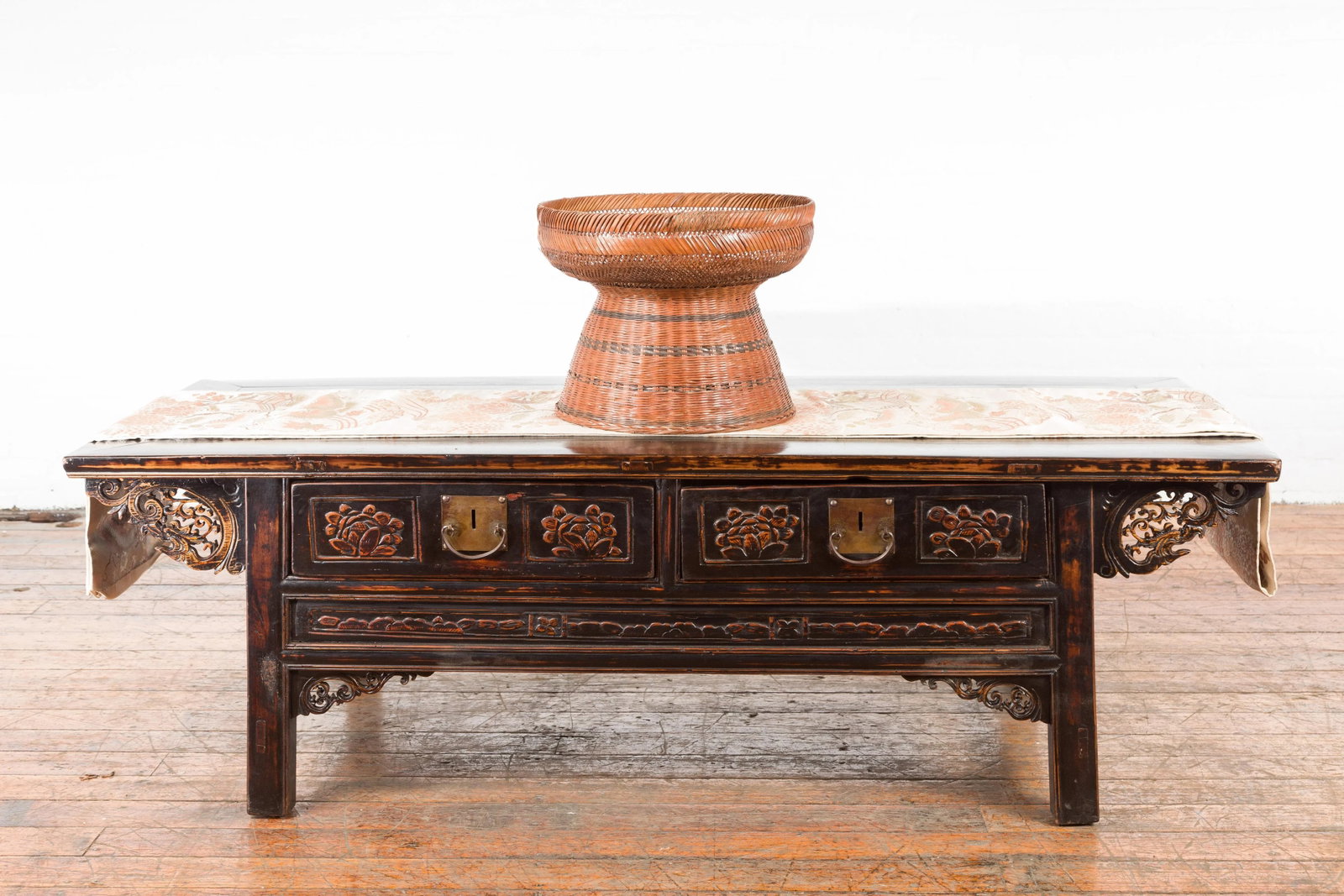 Thai Vintage Woven Rattan Fruit Market Basket with Pedestal Tapering Base - 2