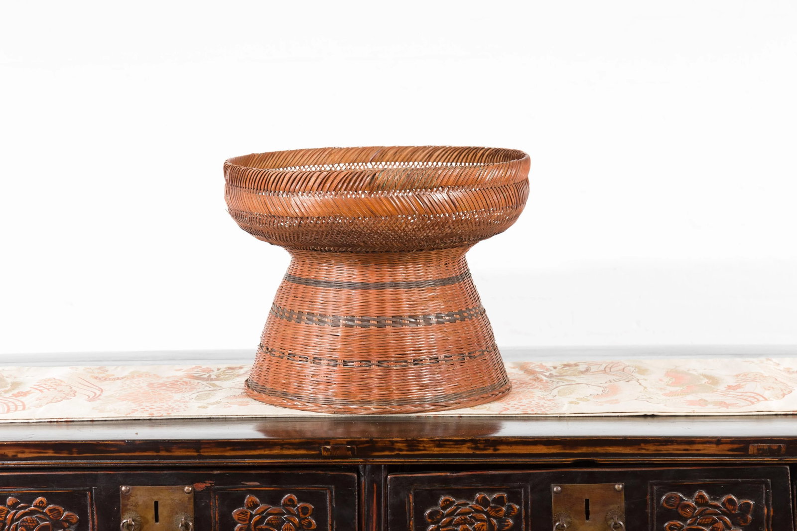 Thai Vintage Woven Rattan Fruit Market Basket with Pedestal Tapering Base - 3