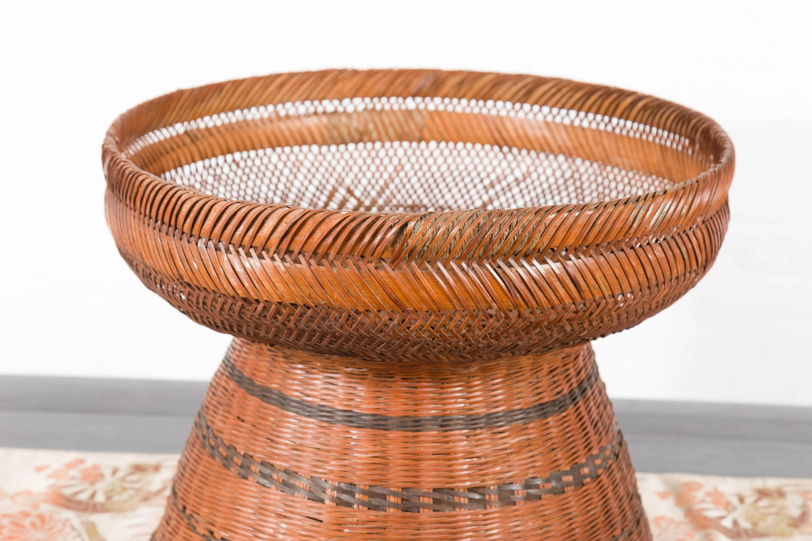Thai Vintage Woven Rattan Fruit Market Basket with Pedestal Tapering Base - 4