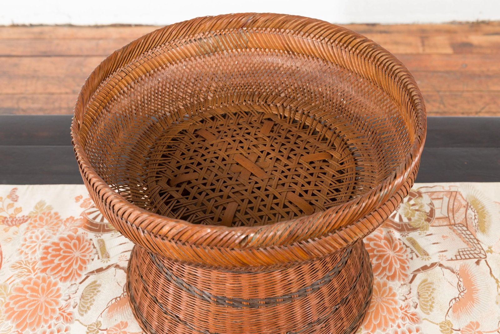 Thai Vintage Woven Rattan Fruit Market Basket with Pedestal Tapering Base - 5