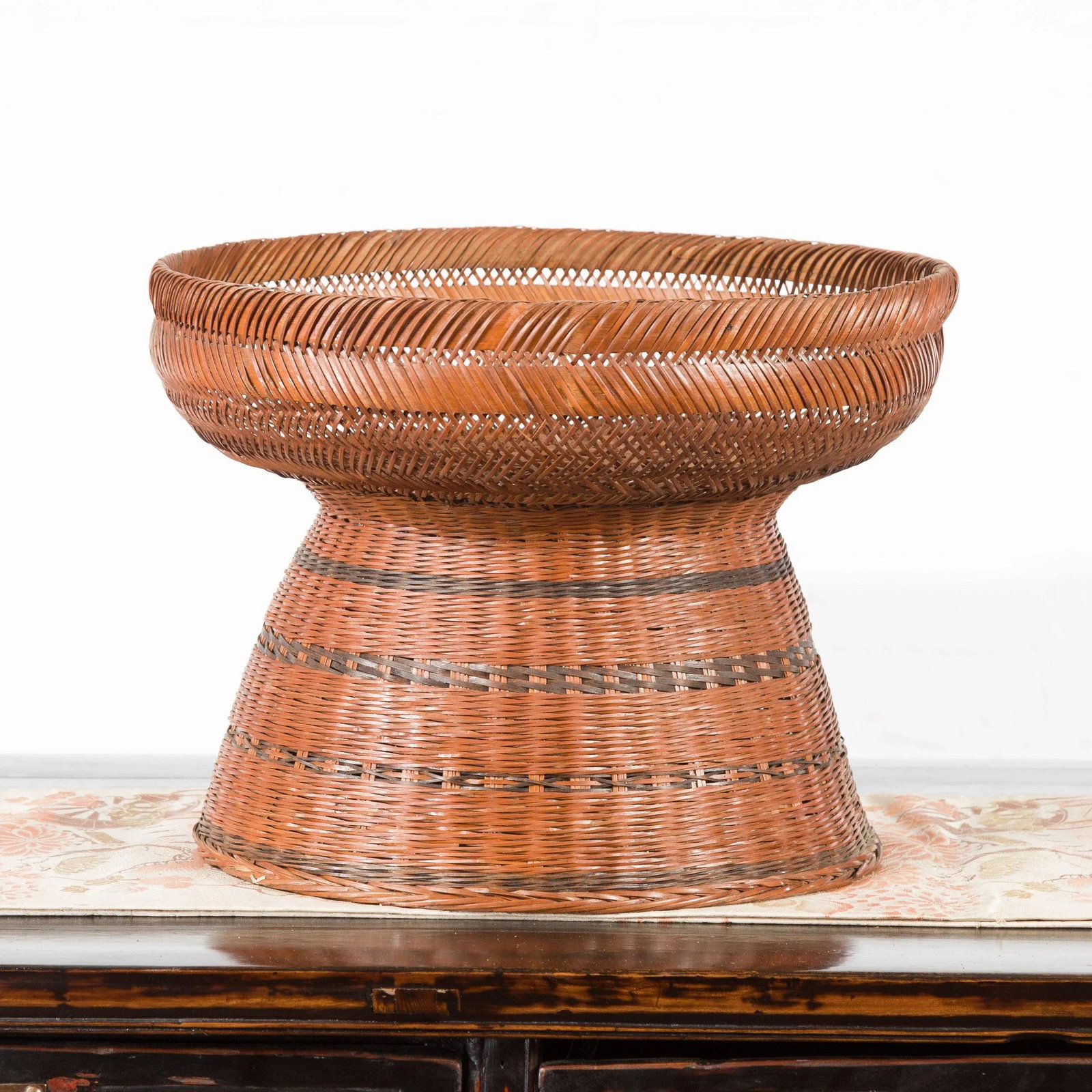 Thai Vintage Woven Rattan Fruit Market Basket with Pedestal Tapering Base - 7