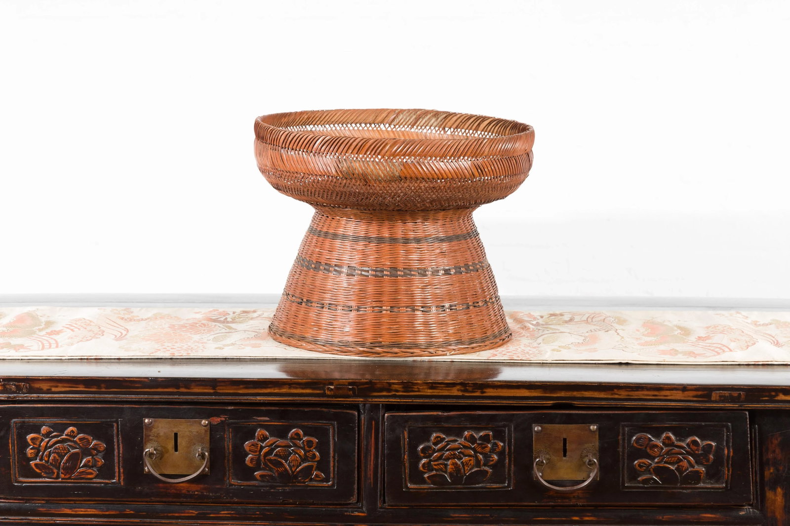 Thai Vintage Woven Rattan Fruit Market Basket with Pedestal Tapering Base - 8