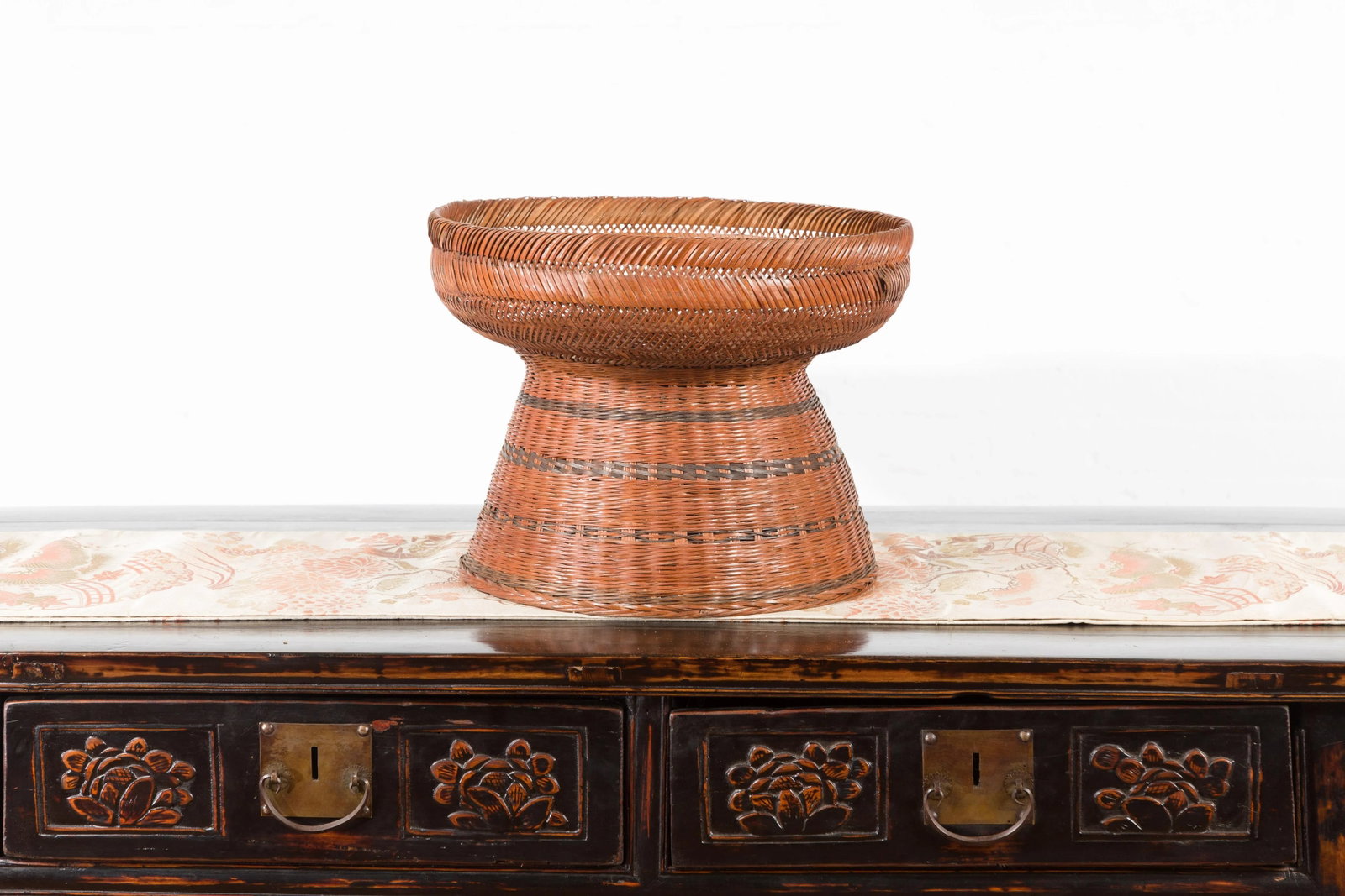 Thai Vintage Woven Rattan Fruit Market Basket with Pedestal Tapering Base - 9