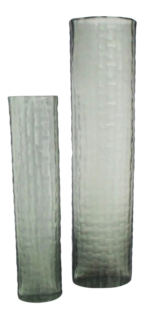 1990s Art Glass Vases - Set of 2: Matched pair of like-designed vases with hand-cut faceted walls in a dark green-grey glass. Fine designs from the 90s' in a very high-style vase design. Hand-blown and finished by hand with a pattern