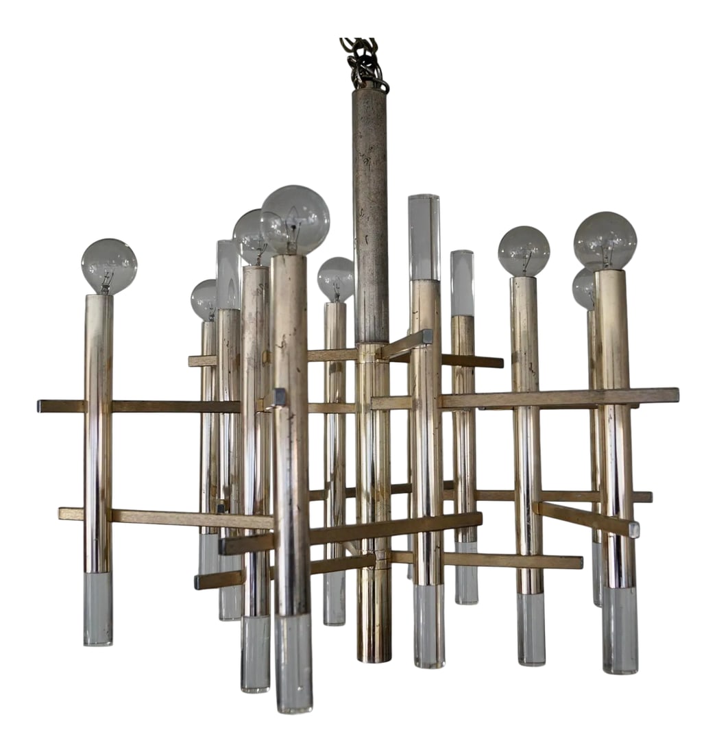 Mid-Century Modern Gaetano Sciolari Chandelier: Vintage Mid-century Modern chandelier for sale. Designed by Gaetano Sciolari in 1970, and has been professionally re-wired. It's made of aluminum in a brass finish with lucite cylinders. It's in