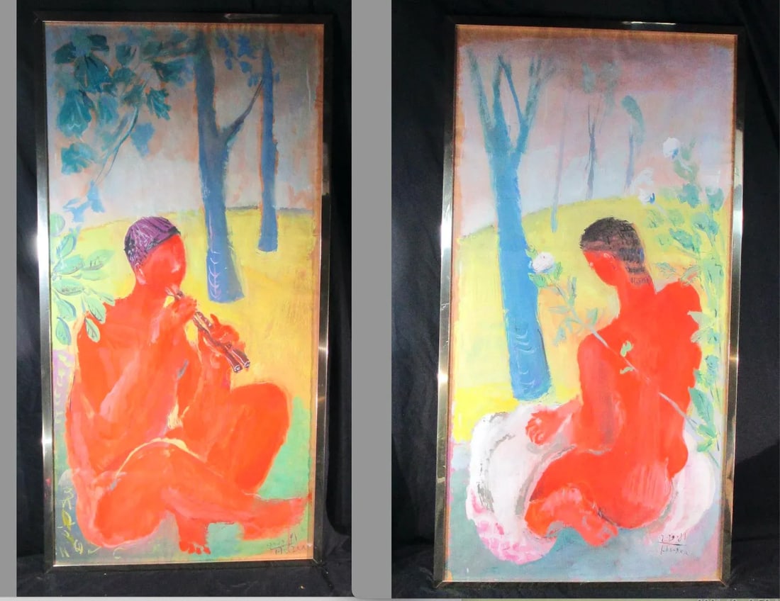 1981 Fauvist Style Figurative Male Nude Watercolor Paintings, Framed - a Pair - 12
