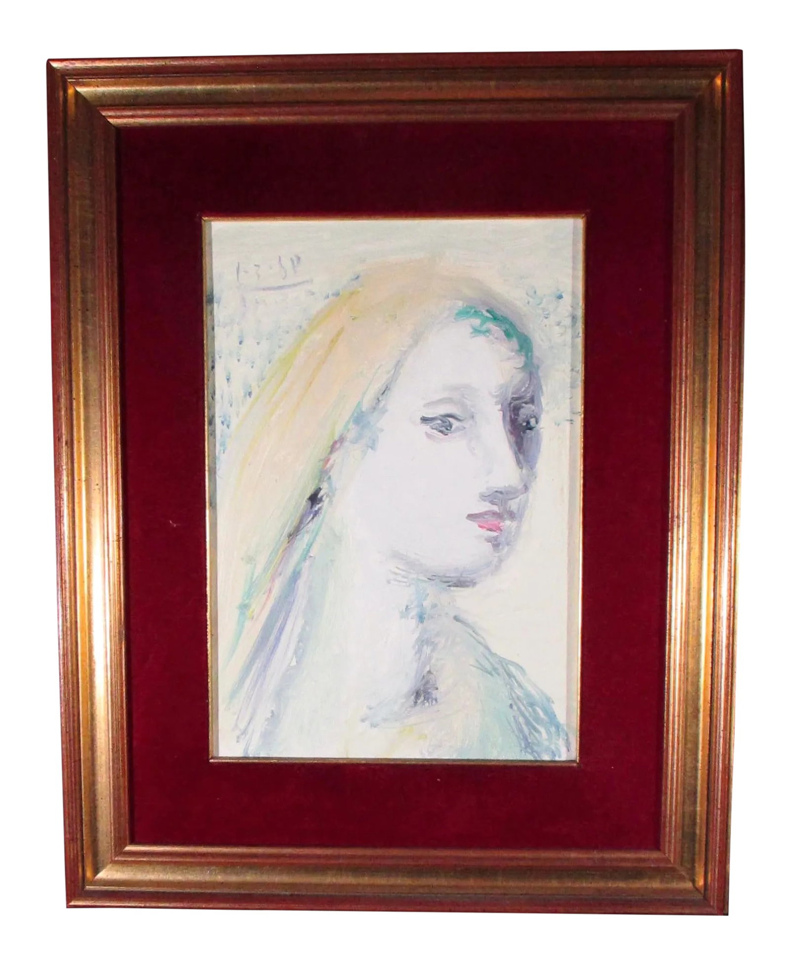Late 20th Century Italian Expressionist Style Portrait Painting of a Lady, Framed: The enigmatic young lady looks out of the painting in a soft dreamy expressionistic handling of pale blues and creams. Fine and quick brushing across a thin wooden panel. Signed and dated Huber