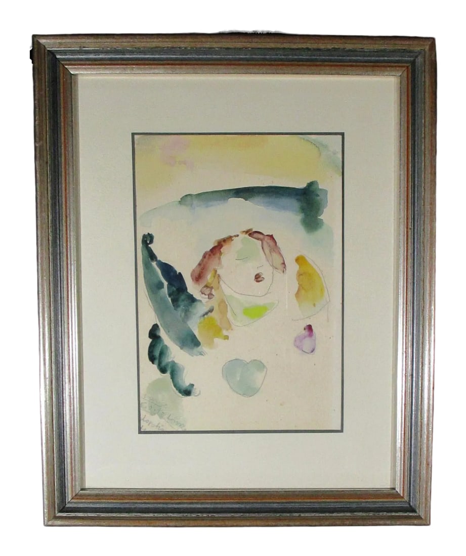 1975 Abstract Figurative Watercolor Painting, Framed: Fine and delicate watercolor and drawing on heavy art stock paper. Framed under glass and matted with a beveled edge. The light and airy female muse figure with dreamily closed eyes floats across the