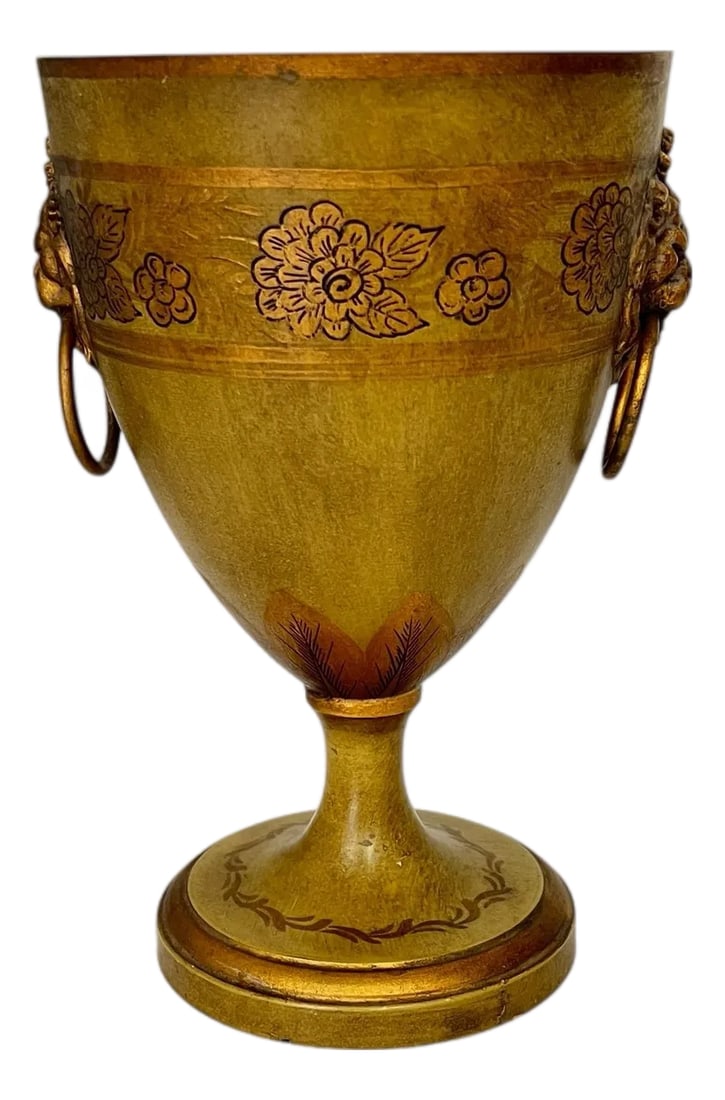 Vintage Mottahedeh Design Made in France Trophy Cache Pot With Lions Head Knockers.: Vintage Mottahedeh cache pot in pale olive green with hand painted gilt design. Made in France. Circa: 1950s - 1960s. Measures 5.25" diameter x 8.5" h. Condition: Alterations: Original Condition