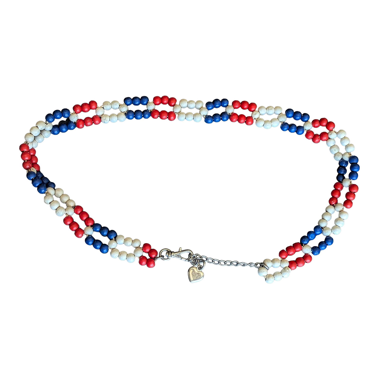 Iconic, Early 70s Red White and Blue Painted Wooden Beaded Belt: Rare early 1970's belt. The beaded part of the belt is 28" in length. Flexibility in where it hangs on the hips for smaller waist or where on to clip on the metal chain for wider waists. The beads