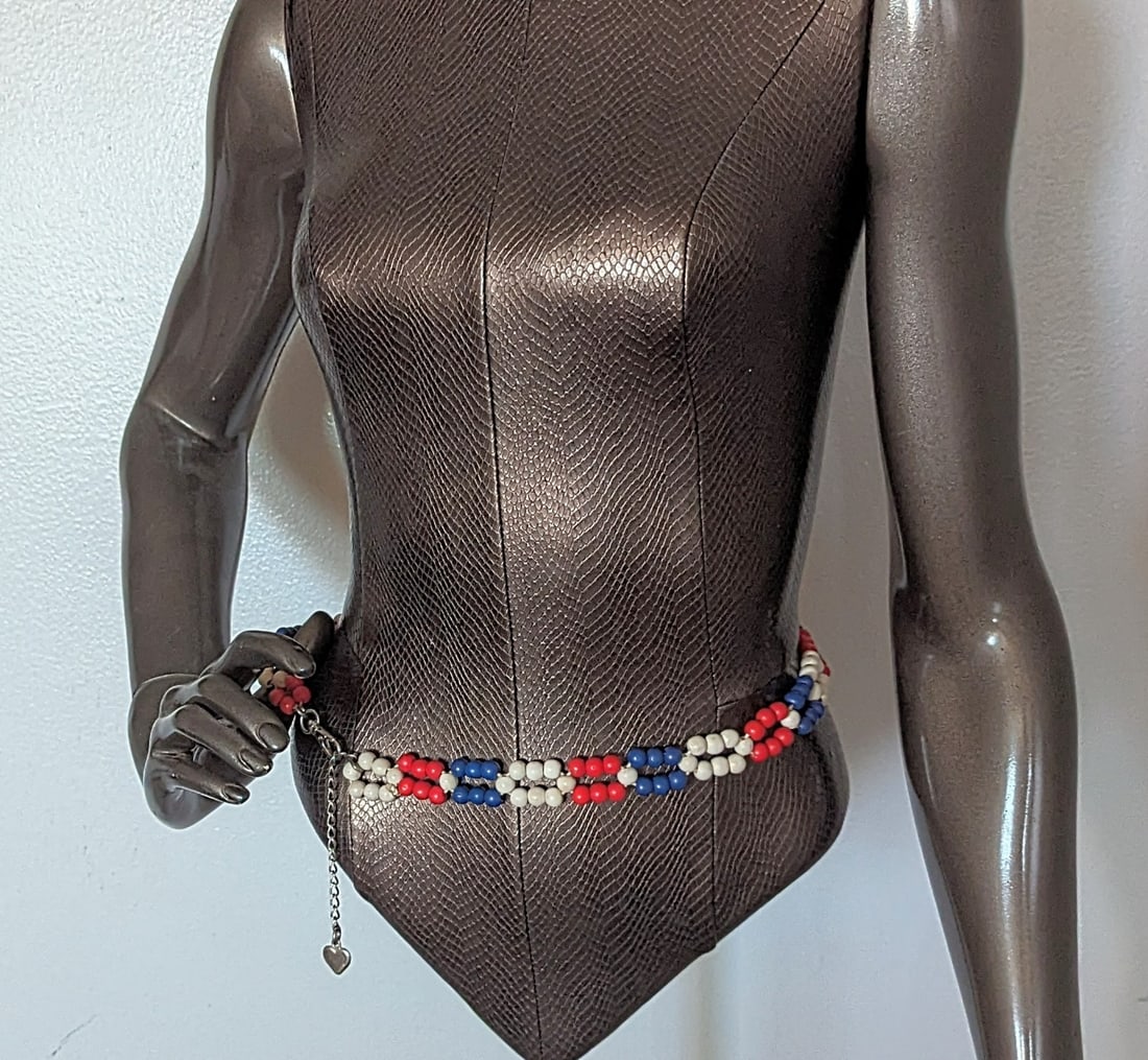 Iconic, Early 70s Red White and Blue Painted Wooden Beaded Belt - 2
