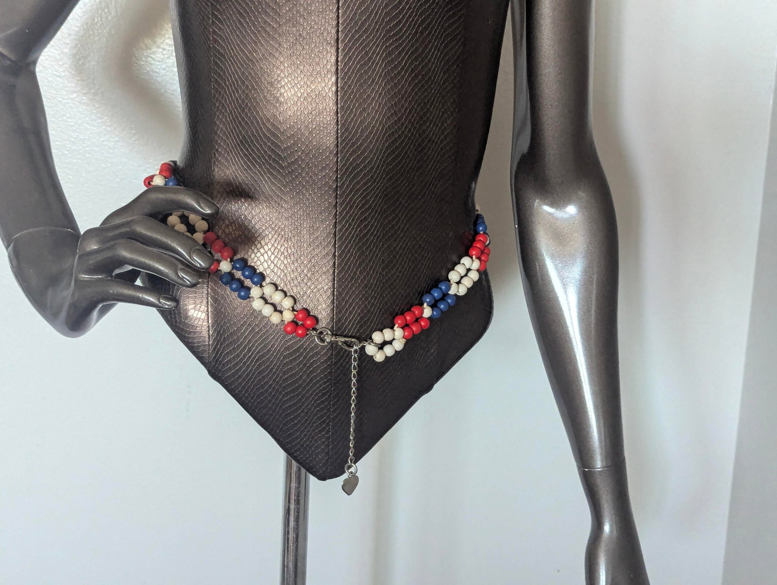 Iconic, Early 70s Red White and Blue Painted Wooden Beaded Belt - 3
