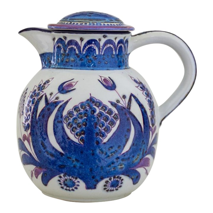 1960s Royal Copenhagen Denmark Faience Porcelain Tenera Pitcher by Berte Jessen: A lovely Royal Copenhagen Faience Porcelain Tenera Pitcher by Berte Jessen, complete with lid and signed by the artist BJ. This design was produced in the 1960s. Rich cobalt blues with purple and