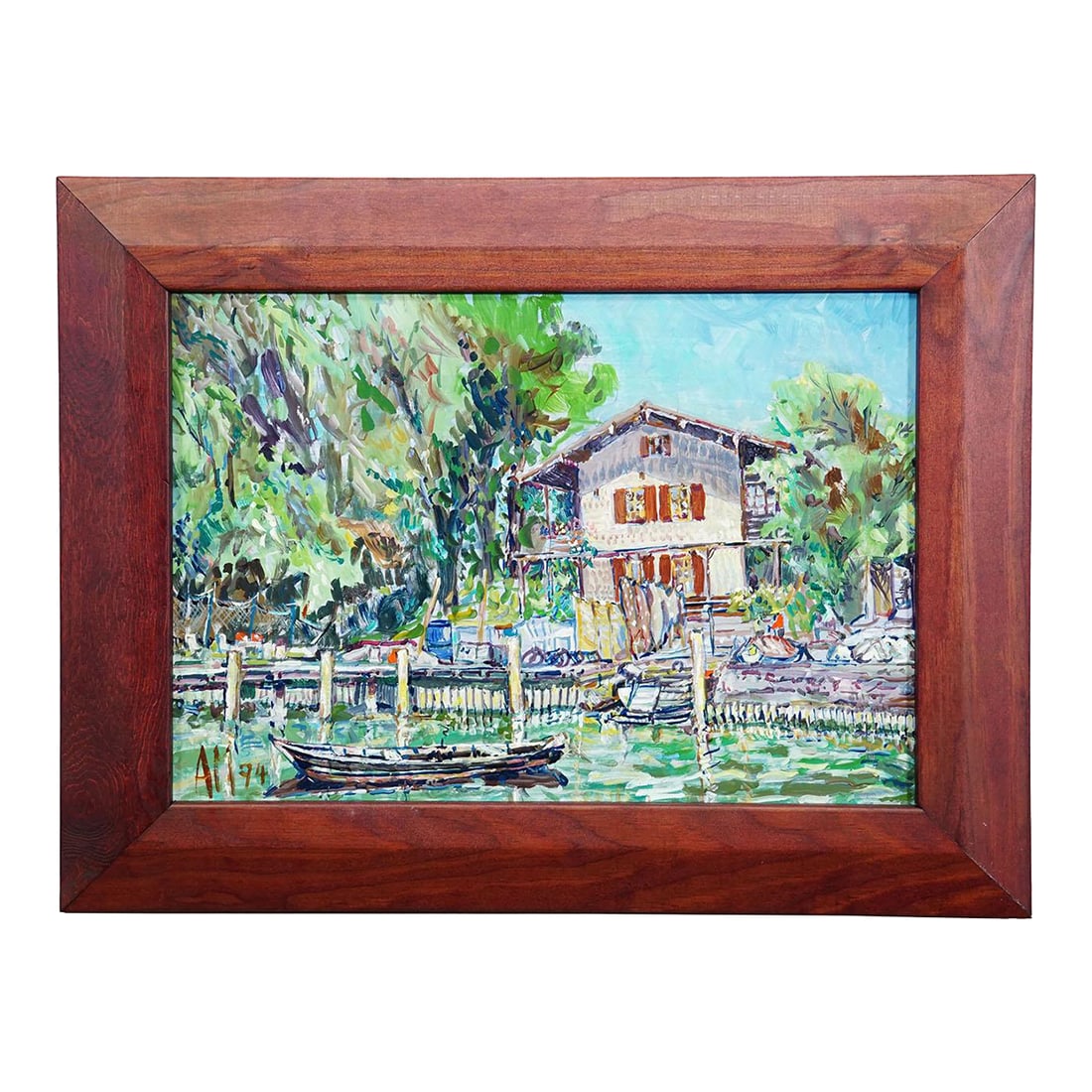 Oil Painting by Alexander Michael - Haeus'l Frauenchiemsee 1994: Oil Painting by Alexander Michael - Haeus'l Frauenchiemsee 1994 The painting 'Hausl Frauenchiemsee' from 1994 presents a tranquil lakeside scene and represents a characteristic work by the artist