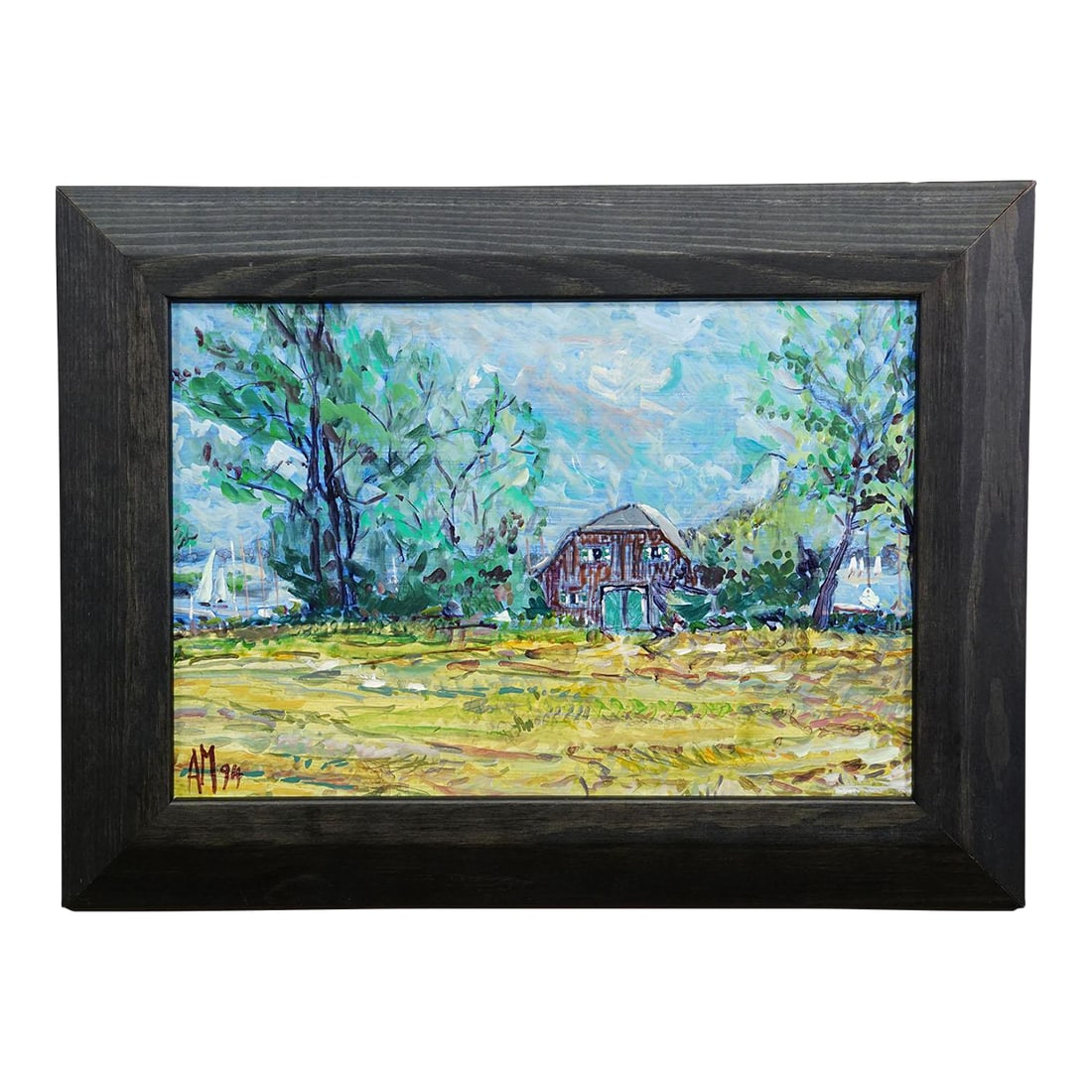 Oil Painting by Alexander Michael - Boathouse on the Shore of Lake Chiemsee: Oil Painting by Alexander Michael - Boathouse on the Shore of Lake Chiemsee The painting 'Boathouse on the Western Shore of Lake Chiemsee' from 1994 depicts a tranquil rural scene along the lakeside a