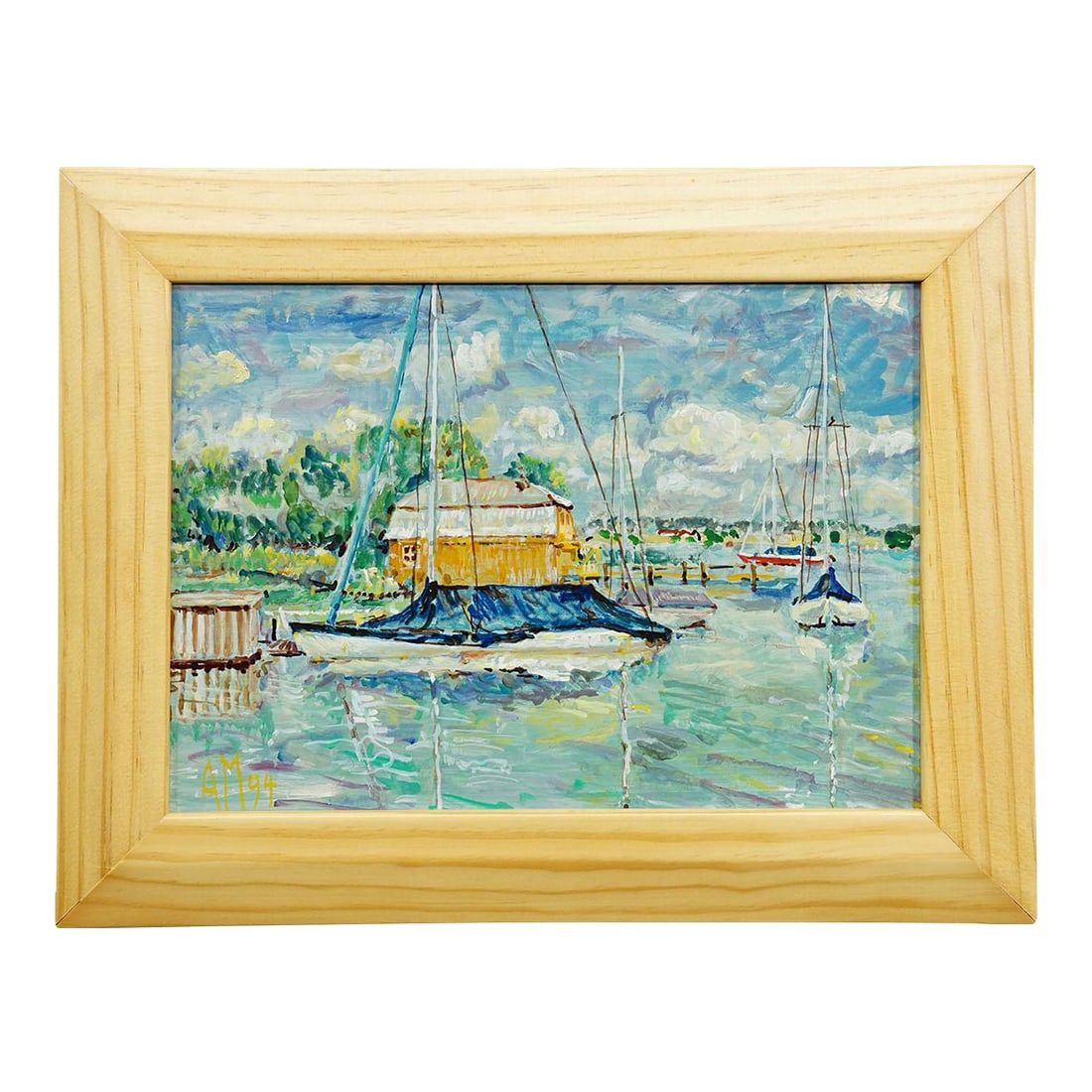 Oil Painting by Alexander Michael - Boathouse, Lake Chiemsee, 1994: Oil Painting by Alexander Michael - Boathouse, Lake Chiemsee, 1994 The painting 'Boathouse, Lake Chiemsee' from 1994 depicts a lively harbor scene on Lake Chiemsee, Bavaria. Using a loose, textured ap