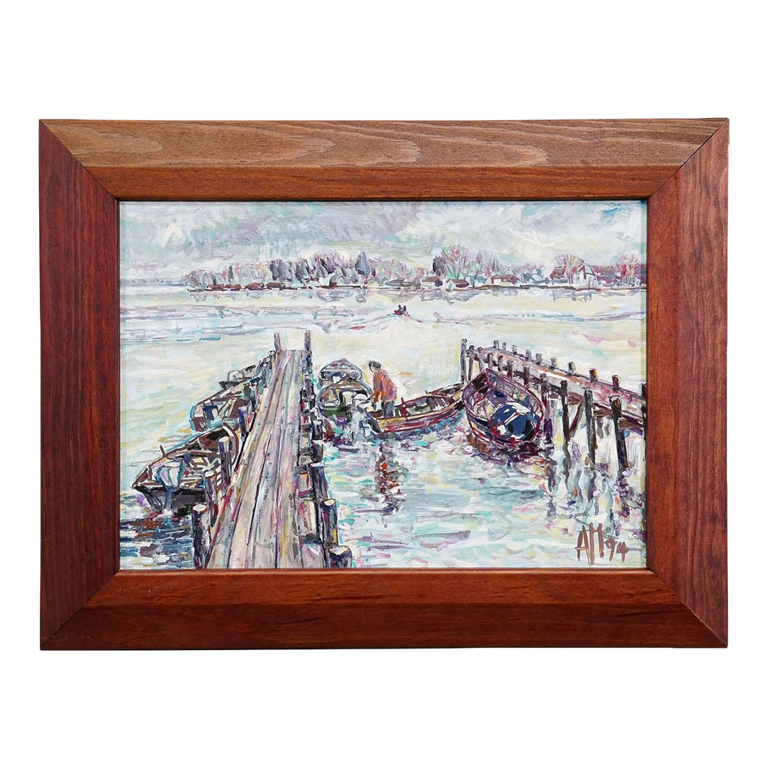 Oil Painting by Alexander Michael - 'Return to the Island', Lake Chiemsee: Oil Painting by Alexander Michael - 'Return to the Island', Lake Chiemsee The painting 'Return to the Island' from 1994 depicts a harbor scene on Lake Chiemsee, capturing a fleeting moment of arrival