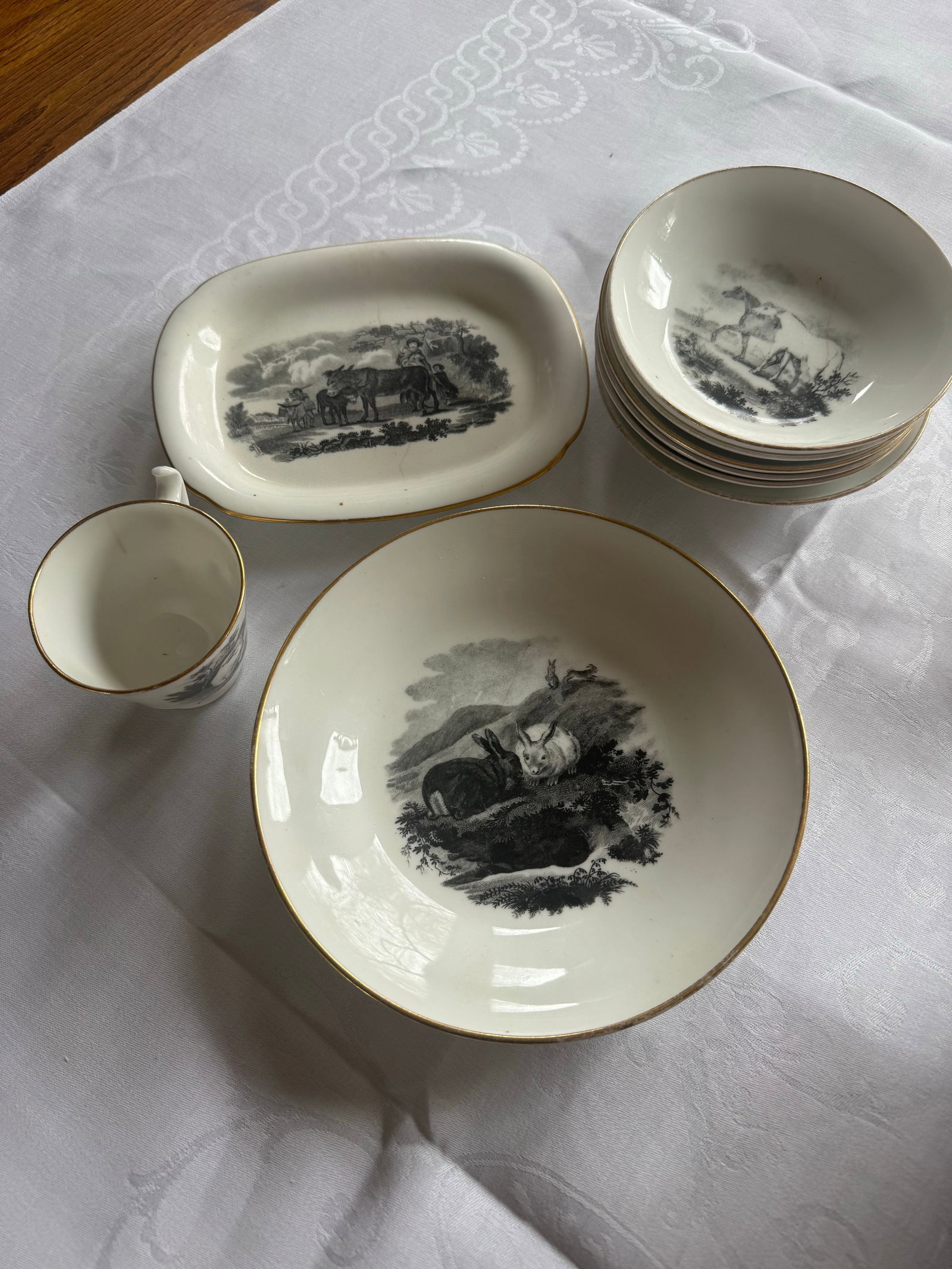1800s Spode Bat Printing Black Monochrome Bone China Tea Service - Set 40 PCS - 12