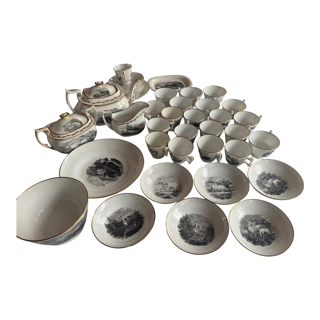1800s Spode Bat Printing Black Monochrome Bone China Tea Service - Set 40 PCS: Early 1800s RARE 40 pieces of Spode bone china tea service. Motif has bat-printing transfer black images of animals in rural settings. Black monochrome transfer pastoral scenes depitction sheep and