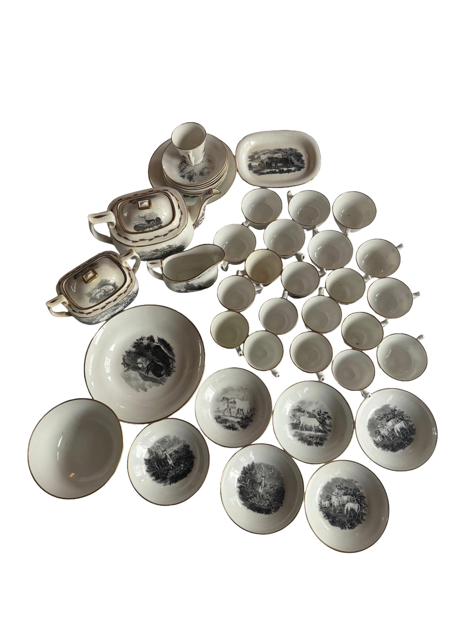 1800s Spode Bat Printing Black Monochrome Bone China Tea Service - Set 40 PCS - 2