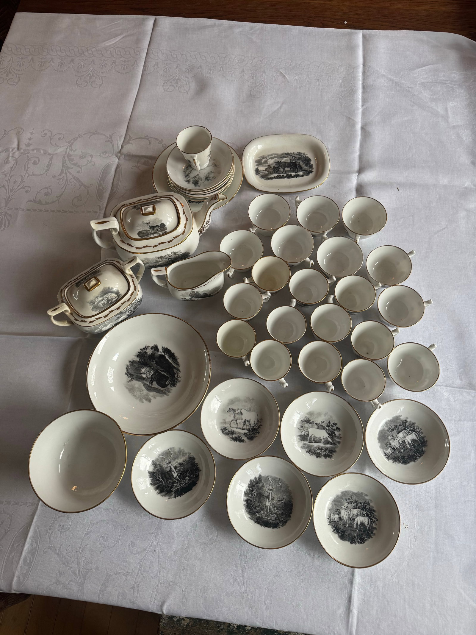 1800s Spode Bat Printing Black Monochrome Bone China Tea Service - Set 40 PCS - 3