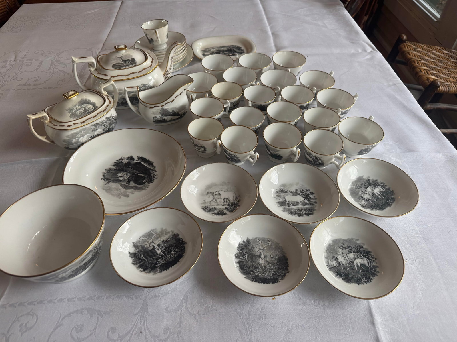 1800s Spode Bat Printing Black Monochrome Bone China Tea Service - Set 40 PCS - 4