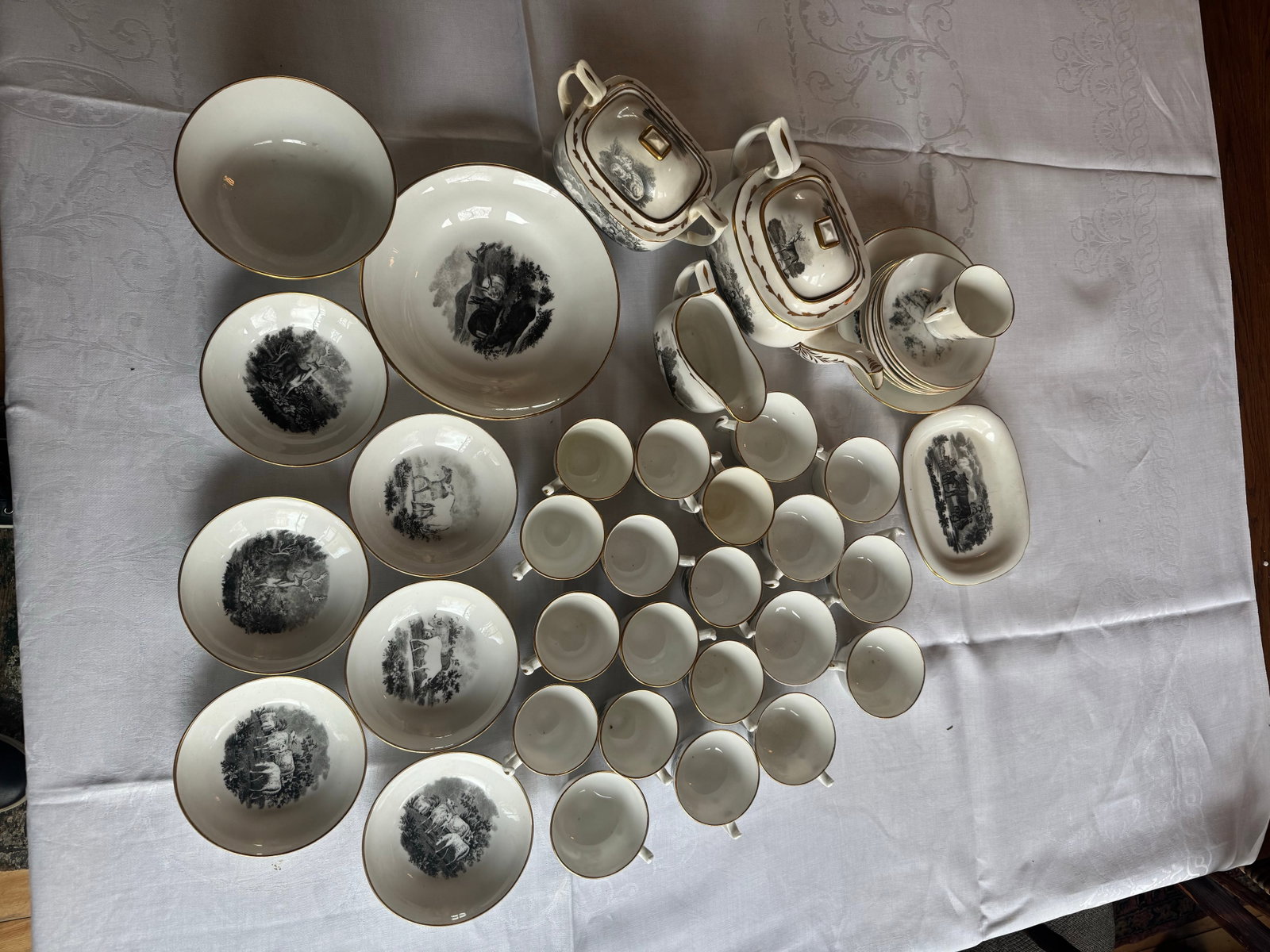 1800s Spode Bat Printing Black Monochrome Bone China Tea Service - Set 40 PCS - 8